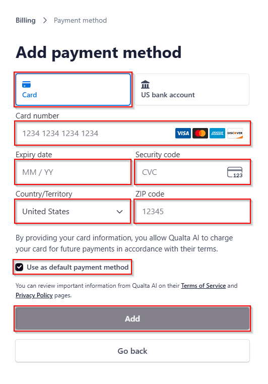 The Add Payment Method page with the Card fields.