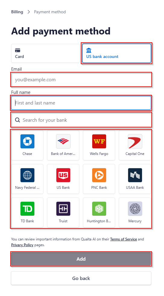 The Add Payment Method page with the Bank fields.