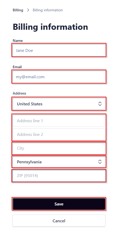 The Billling Information page with the fields and Save button.