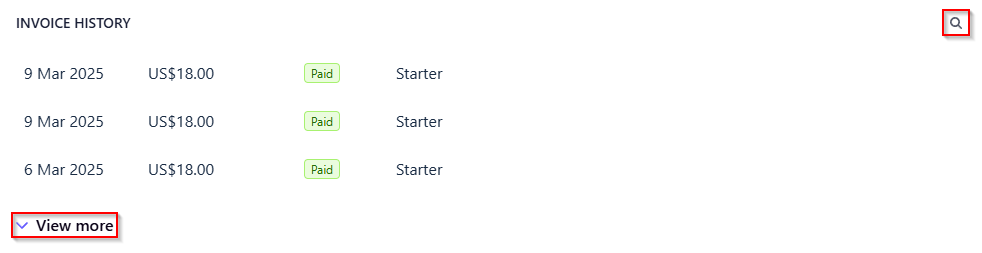 The Invoice History section with the View More option and the Search icon.