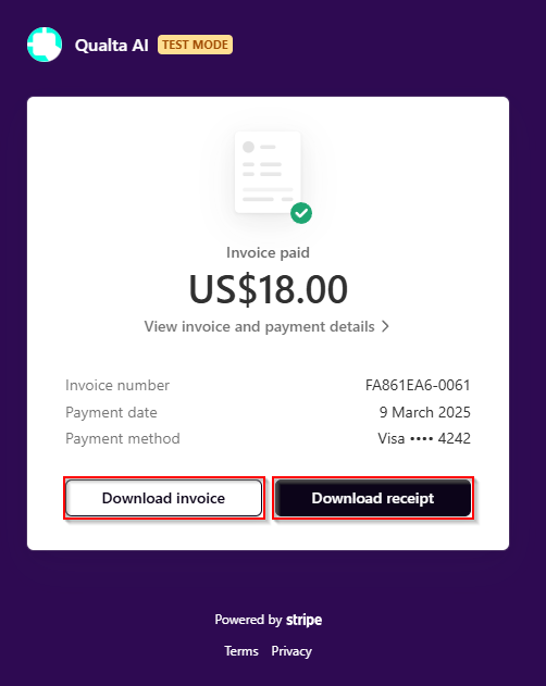 An invoice with the Download invoice and Download receipt buttons.