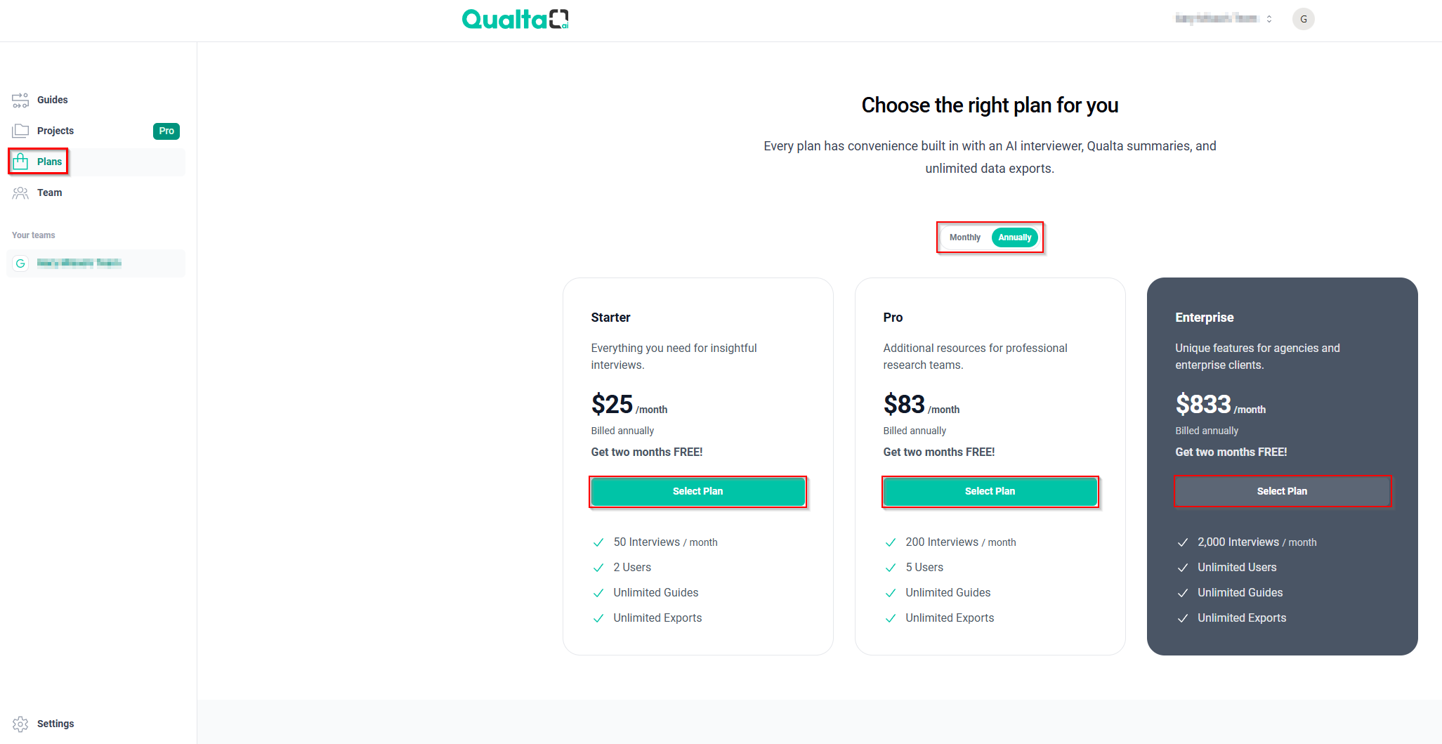 The Plans page with the Select Plan buttons.