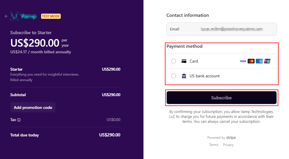 The Stipe Checkout page with the payment methods and Subscribe button.