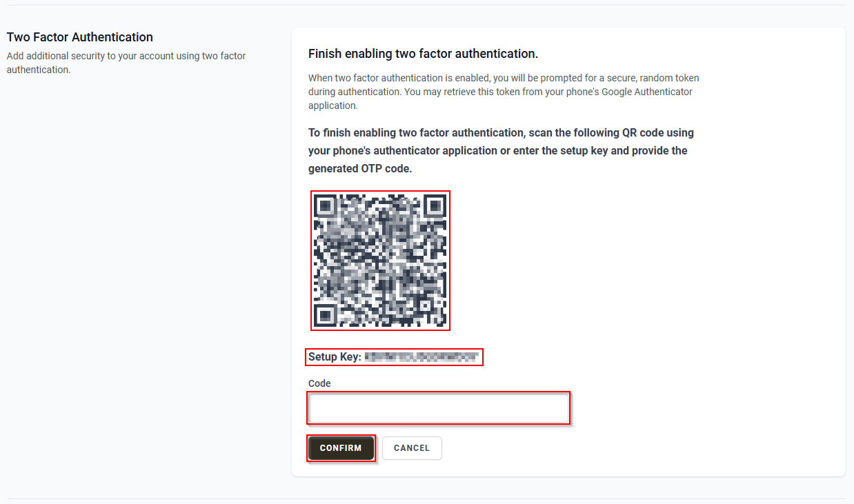 The Two Factor Authentication Section.