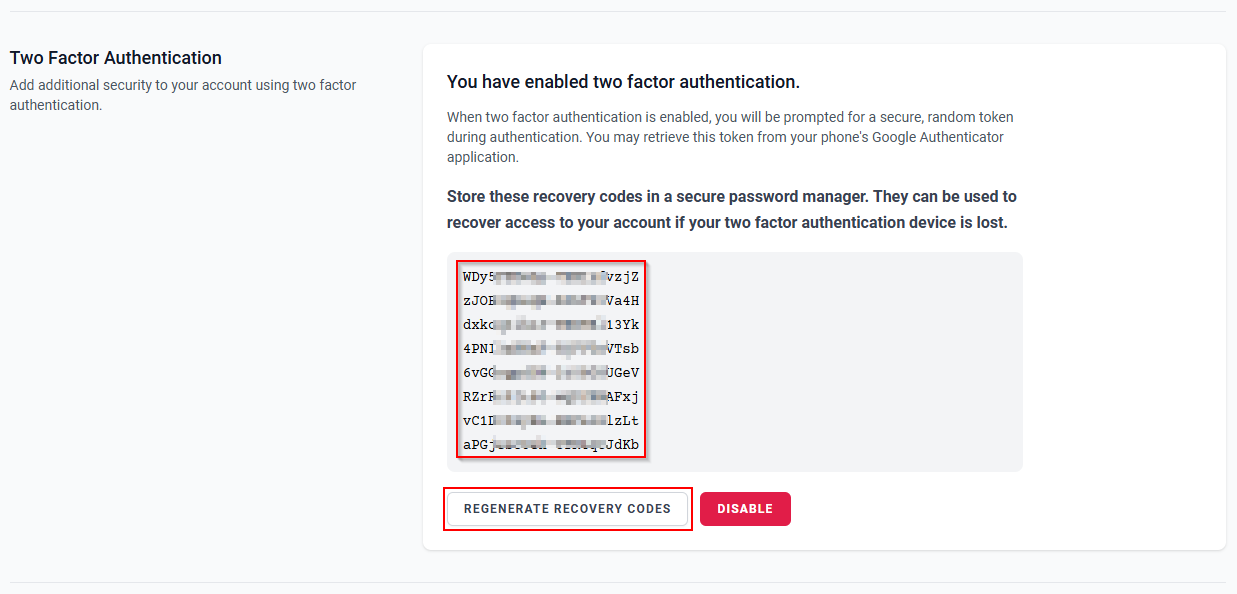 The Two Factor Authentication section with the Recovery Codes and teh Regenerate Recovery Codes button.