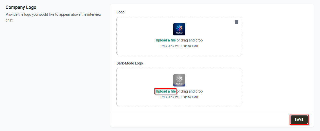 The Upload a file button and the Save button in the Dark-Mode Logo subsection of the Company Logo section.