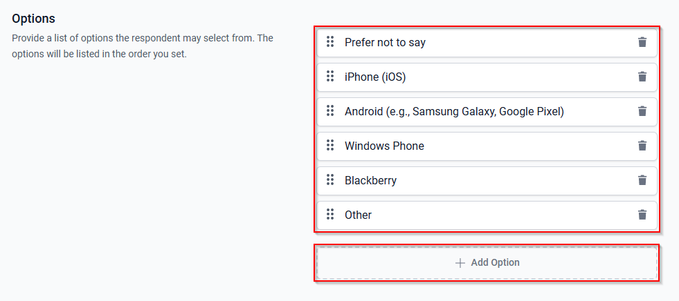 The Options section with answer choices and the + Add Option button.