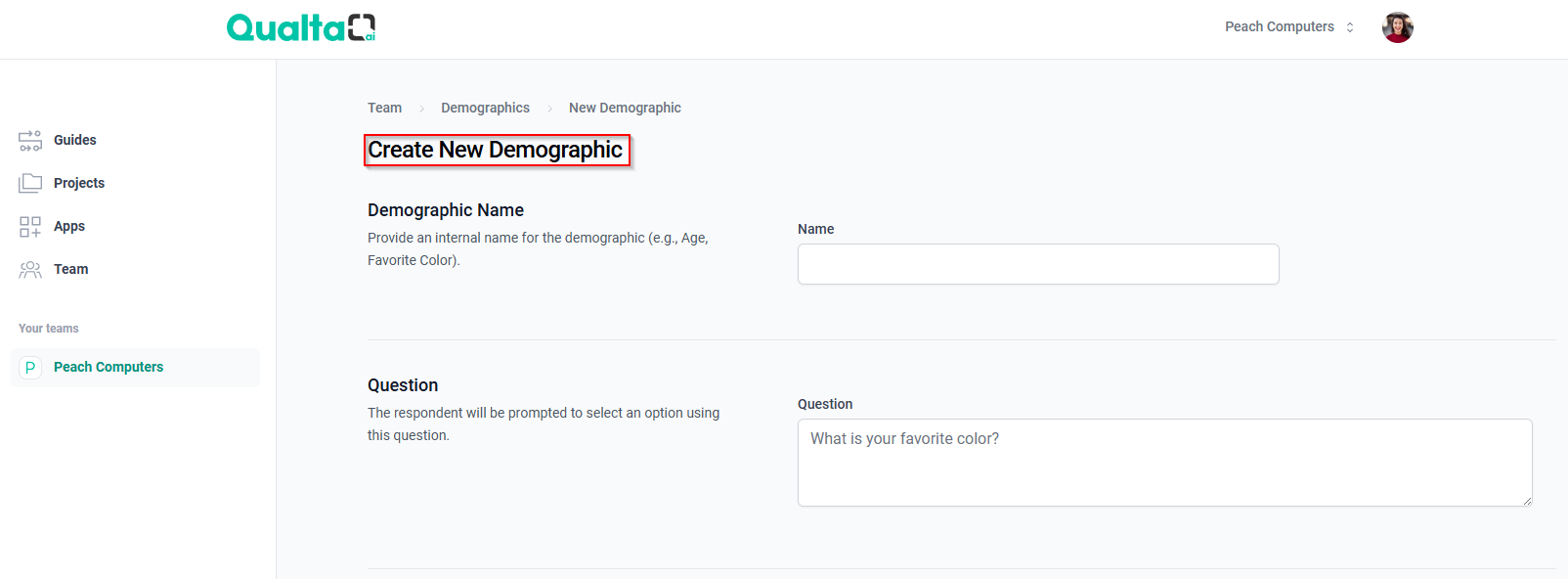 The Create New Demographic page.