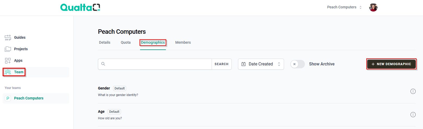 The Team page with the Demographics tab and the + New Demographic button.