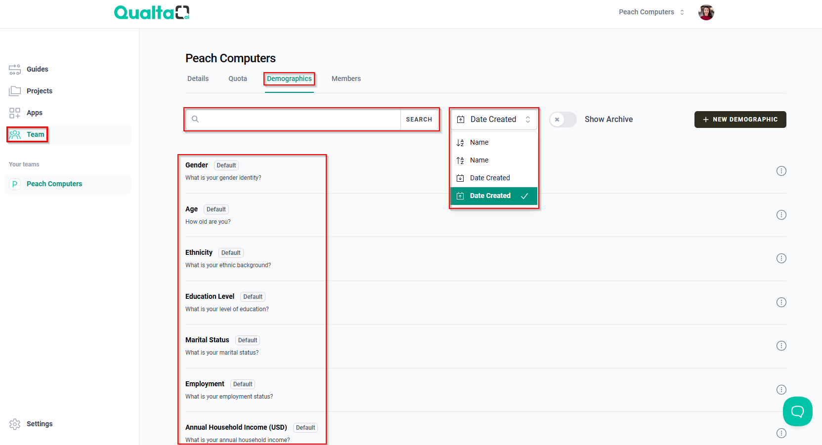 The Team page and the Demographics tab with the Search bar, sorting options menu, and list of available demographics.