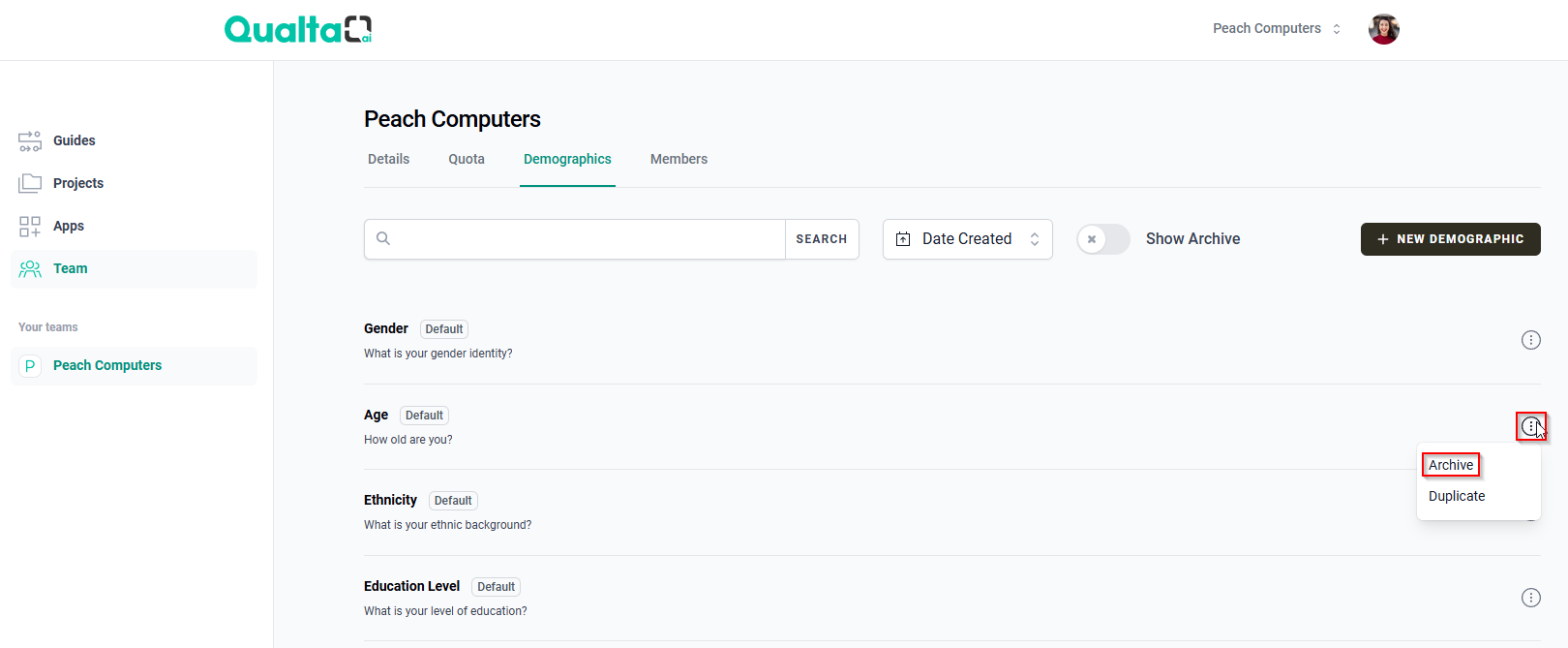 The Demographics tab with the More options icon and the Archive option.