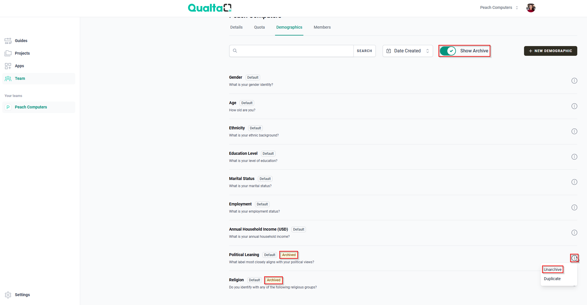 The Demographics tab with the Show Archive toggle button, Archived label, the More options icon, and the Unarchive option.