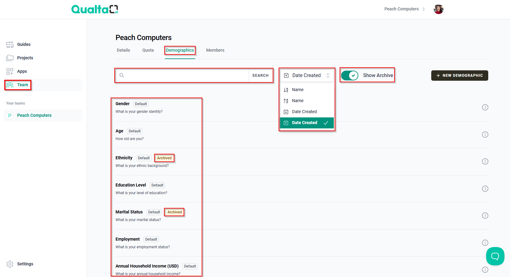 The Team page and Demographics tab with the Search bar, sorting options menu, Show Archive toggle button, and list of available demographics.