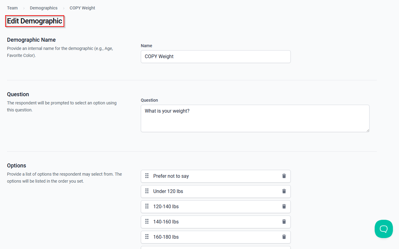 The Edit Demographic page.