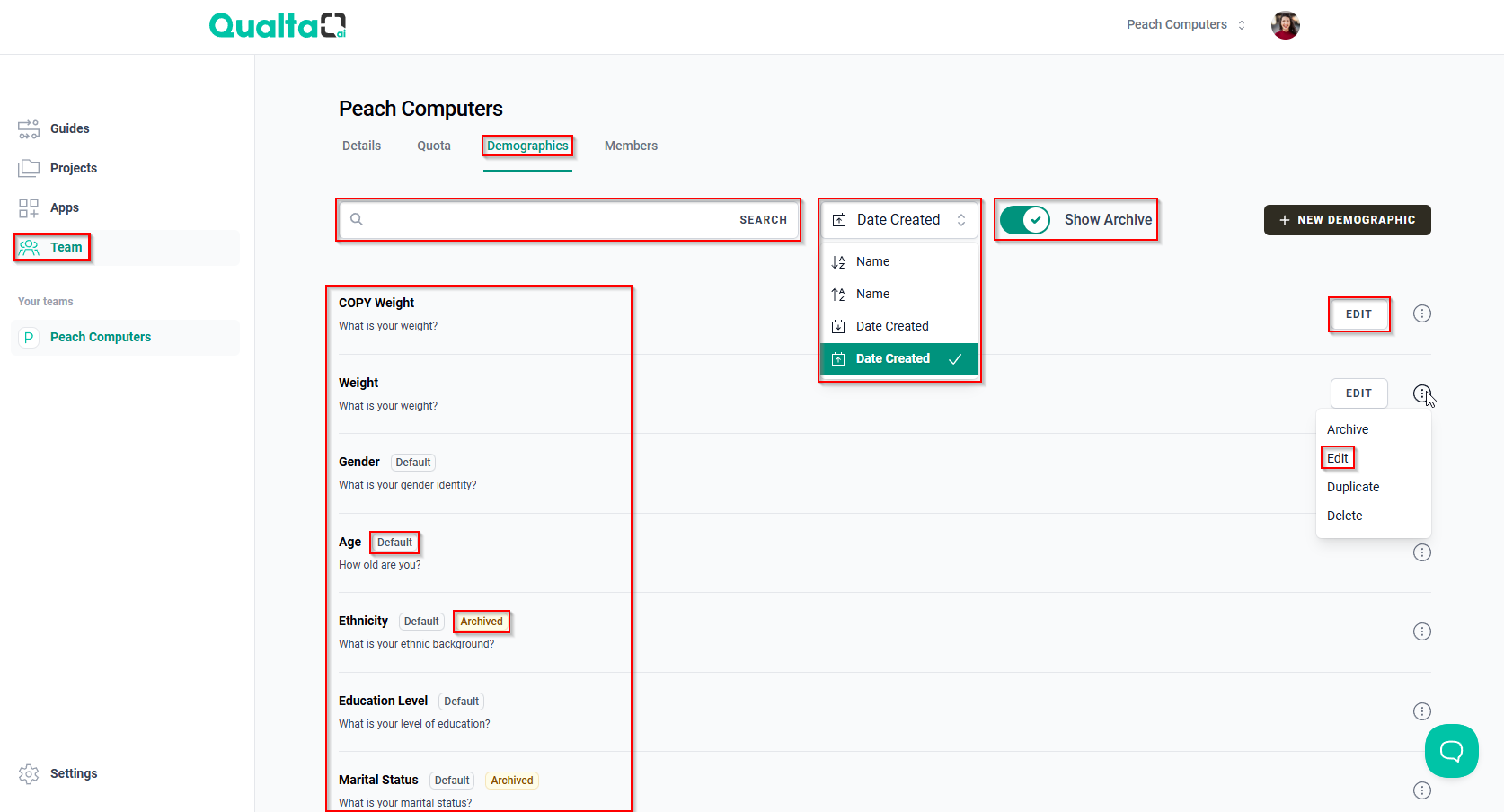 The Team page and Demographics tab with the Search bar, sorting options menu, Show Archive toggle button, list of available demographics, Edit button, More options menu, and the Edit option.