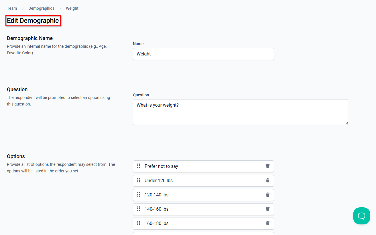 The Edit Demographic page.