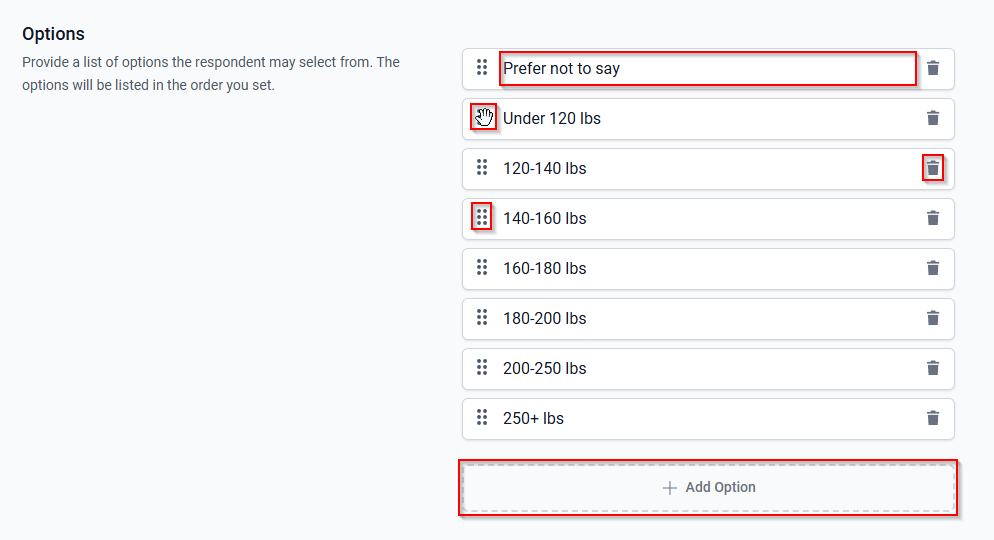 The Options section with the + Add Option button, delete button, drag handle, and grip icon.