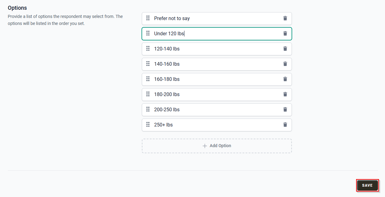The Options section with the Save button.