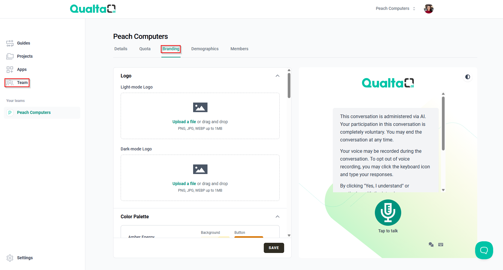 Team settings page with the Branding tab selected and the Branding editor open.