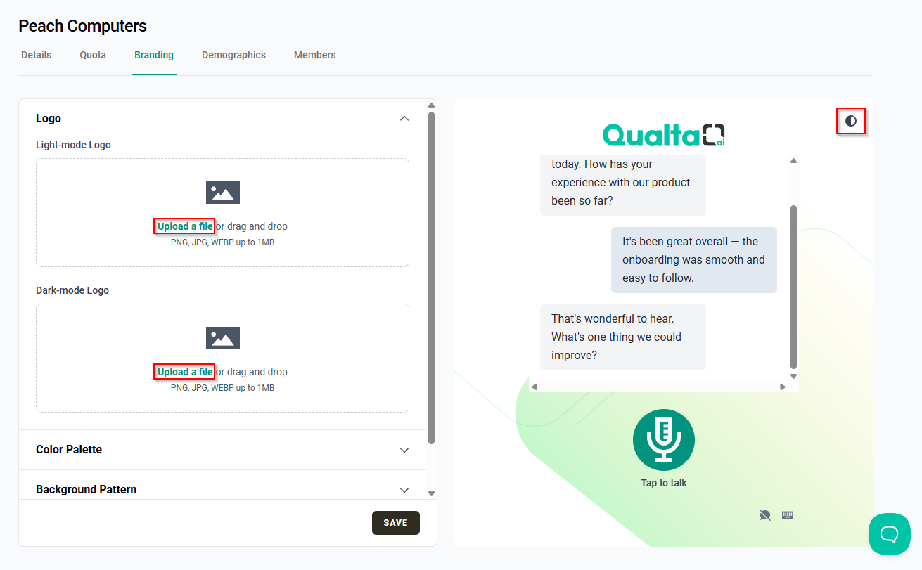 Branding editor showing light- and dark-mode logo upload options and the style mode icon.