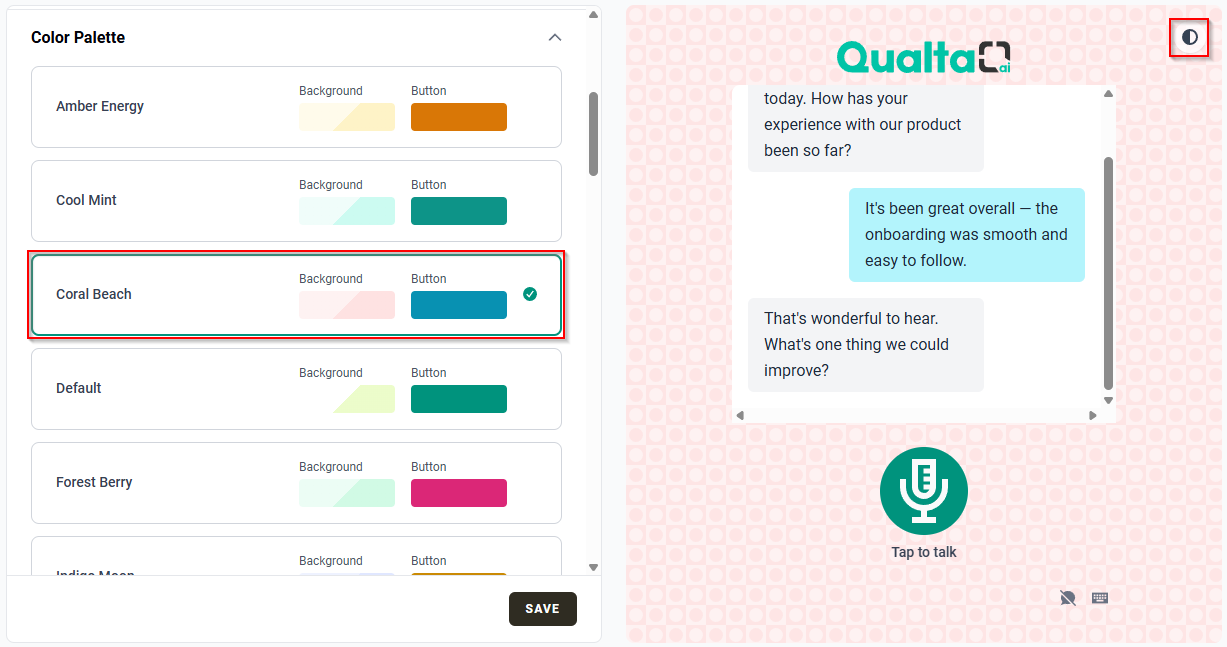 Color Palette section showing a non-default palette selected, with its background and button colors displayed in the interview preview.