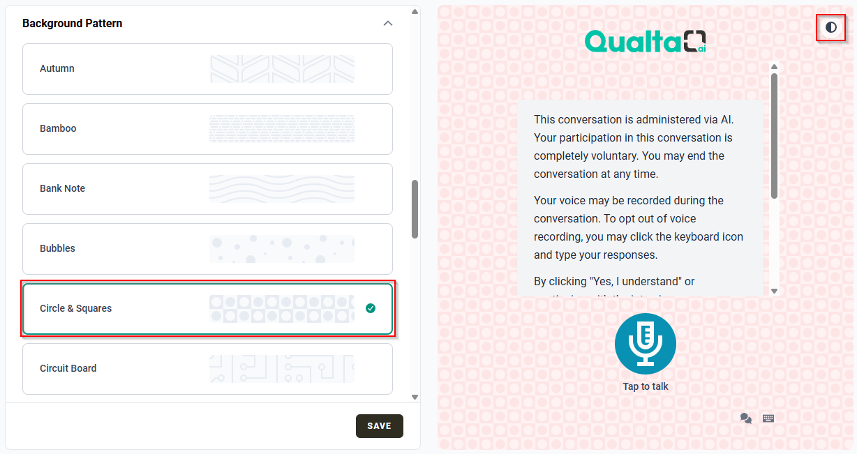 Background pattern section showing a non-default pattern selected and applied to the interview preview.