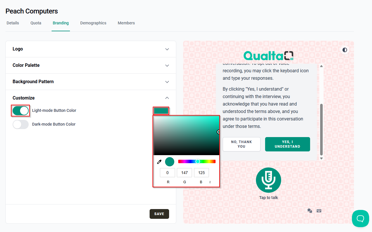 Branding editor showing the Customize section with a light-mode button color enabled, the color picker open, and the selected color applied to interface buttons in the preview.