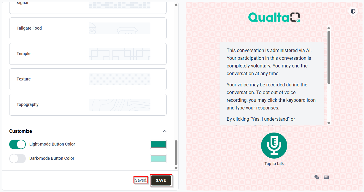 Branding editor showing the SAVE button and Saved. status after changes are saved.