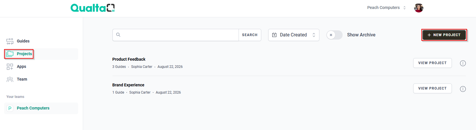 Projects page with Projects sleected in the main navigation menu and + NEW PROJECT button highlighted.