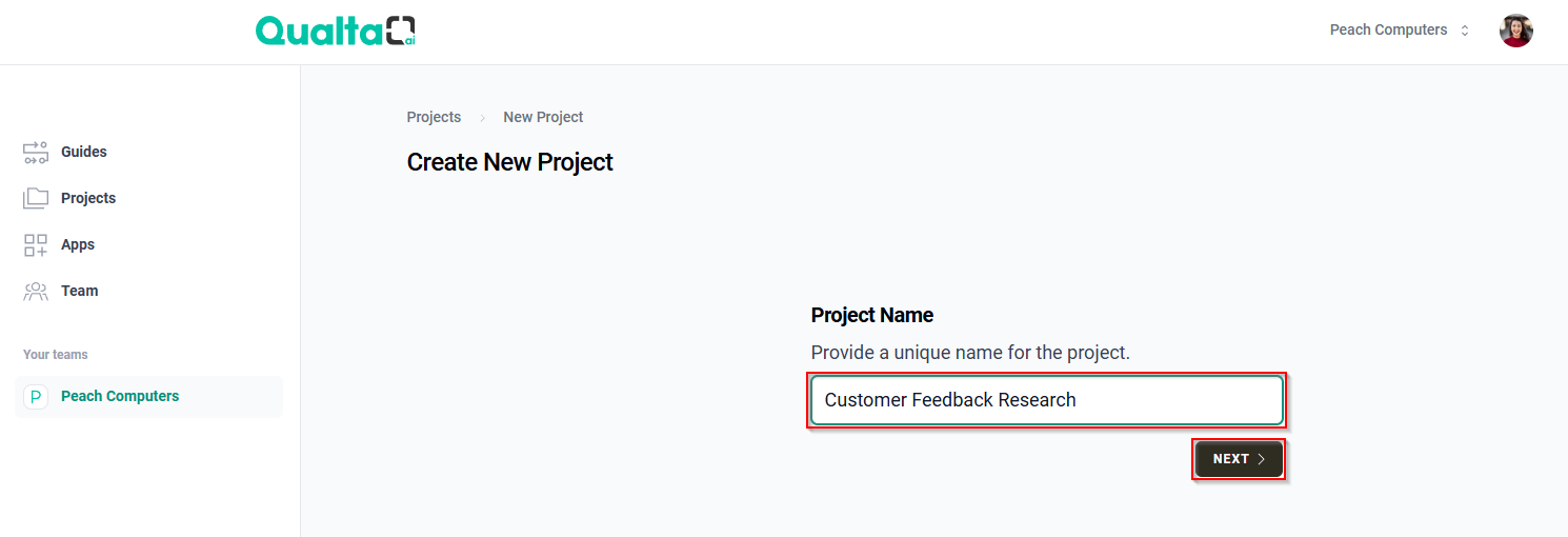 Create New Project screen showing a Project Name entered and the NEXT button highlighted.