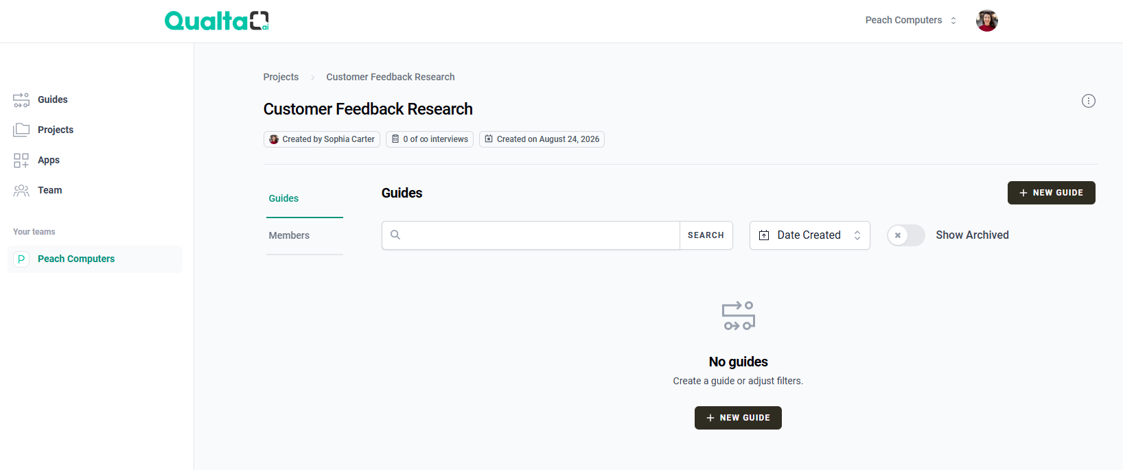Project Overview showing the Customer Feedback Research project and its Guides section.