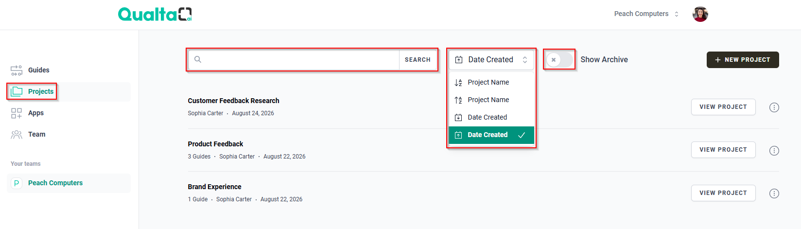 Projects page showing the SEARCH bar, sorting options menu, and Show Archive toggle.