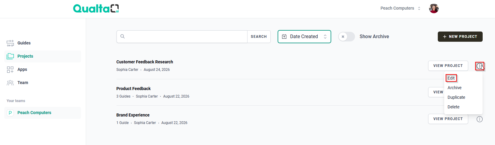 Projects page showing the More Options menu with the Edit option.