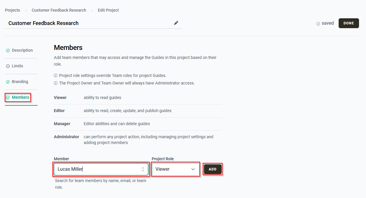 Edit Project screen showing the Members tab with a team member selected and the Project Role set to viewer.