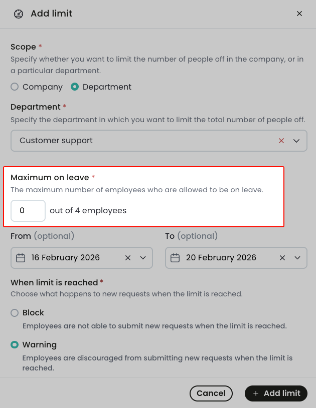 Leave limit where the maximum number of people on leave is set to zero.