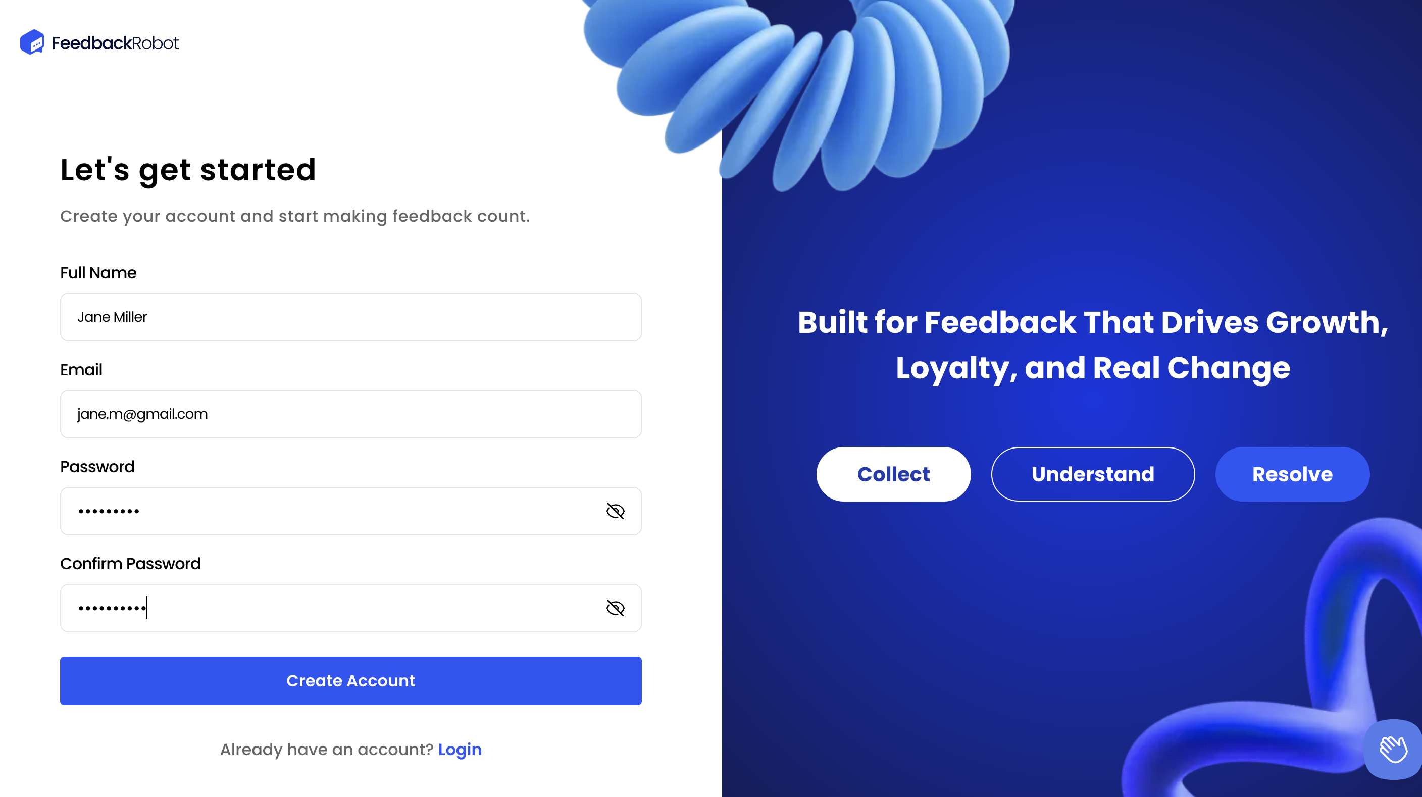 Filled FeedbackRobot account creation form with sample user details.