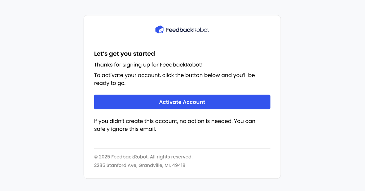 Email from FeedbackRobot with an ‘Activate Account’ button highlighted.
