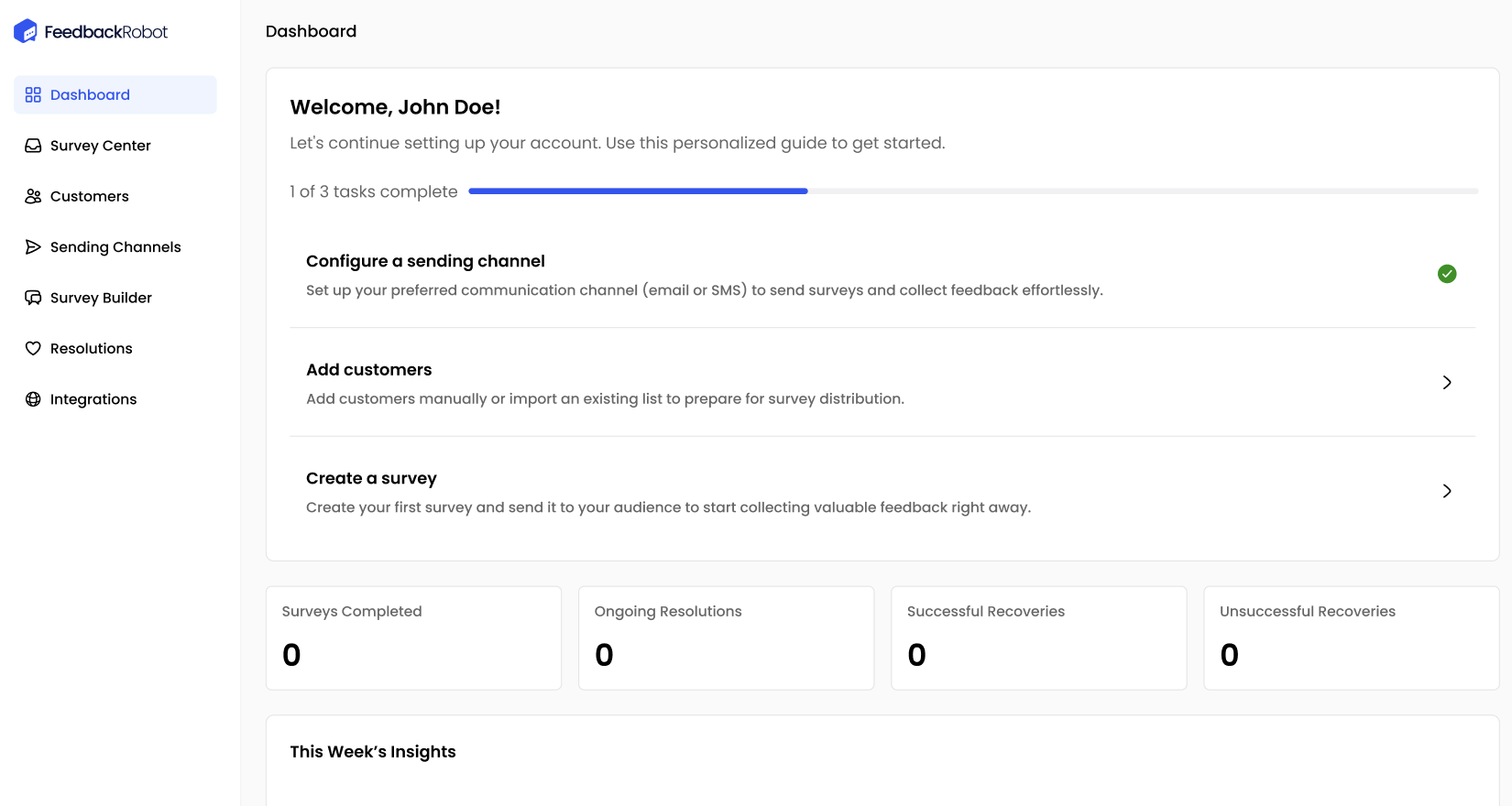 FeedbackRobot dashboard showing onboarding tasks (‘Configure a sending channel,’ ‘Add customers,’ ‘Create a survey’) with progress bar at 1 of 3 complete.