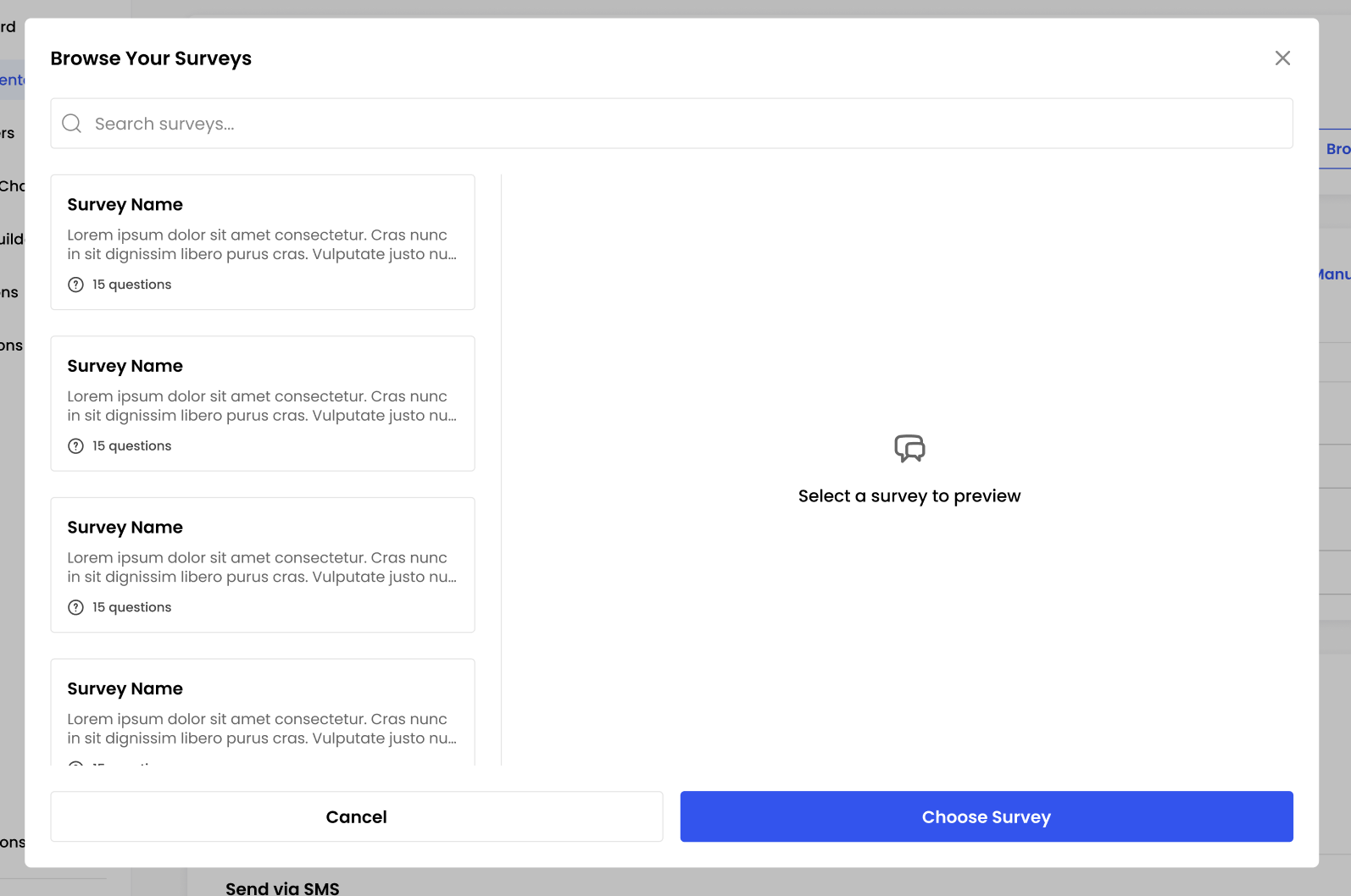 Browse Your Surveys modal listing saved templates with search bar and ‘Choose Survey’ button.