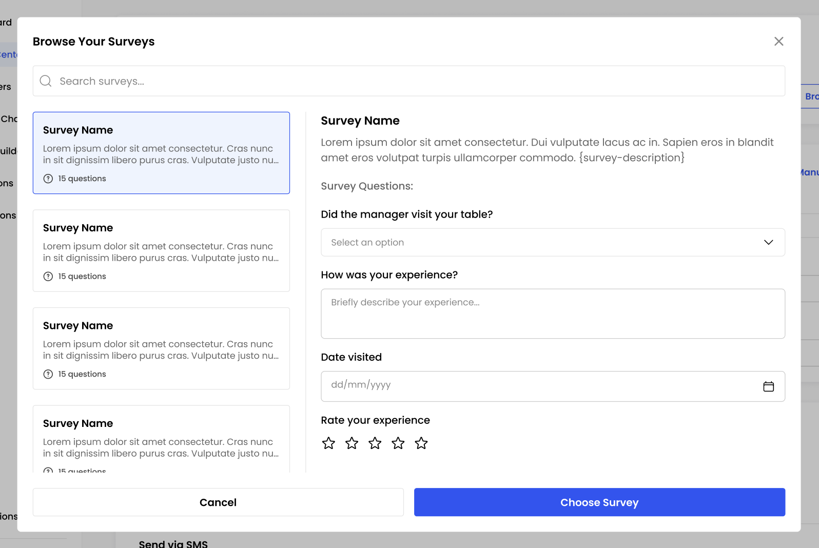 Survey preview pane showing selected template’s title, description, questions, and question types for review.