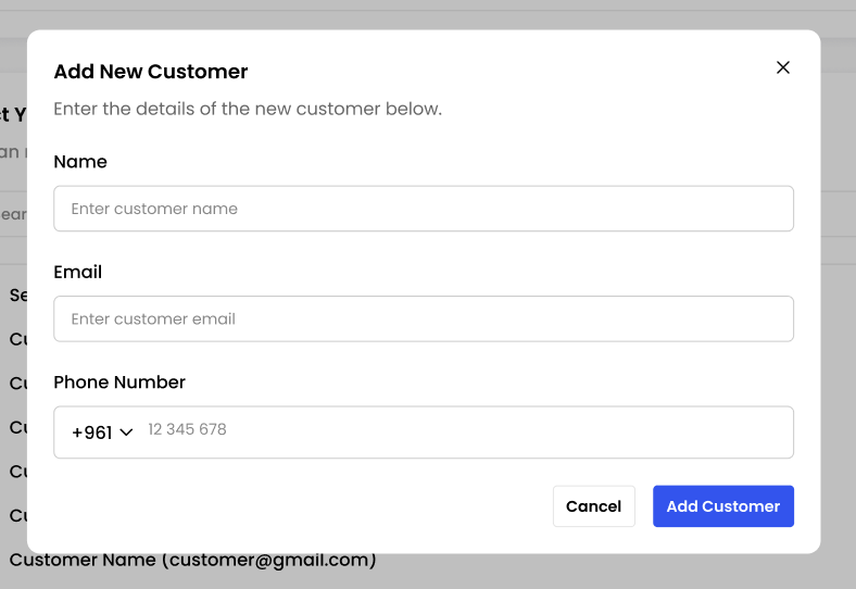 Add New Customer modal with fields for Name, Email, and Phone Number, plus ‘Add Customer’ button.
