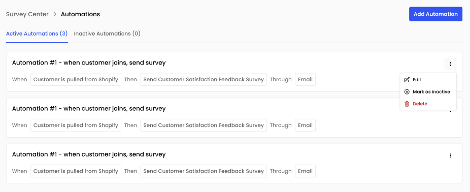 Survey Center > Automations page listing active automations like ‘when customer is pulled from Shopify, then send Customer Satisfaction Feedback Survey through Email.