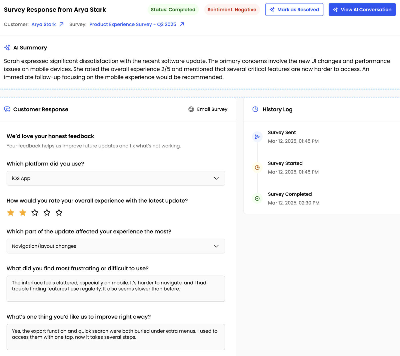 Survey Center > Feedback from {customer-name} page showing AI Summary block with a quick analysis, Customer Response panel, and History Log of survey events.
