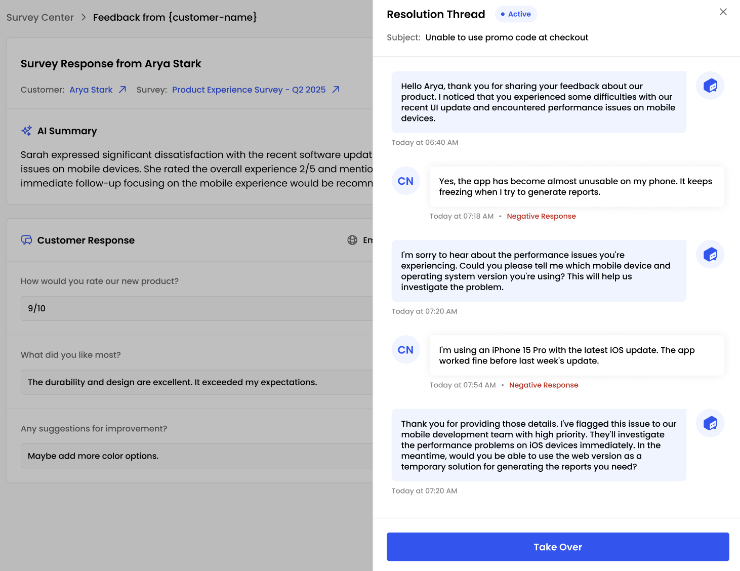 Survey Center > Feedback from {customer-name} view with Resolution Thread open, showing back-and-forth messages and a ‘Take Over’ button