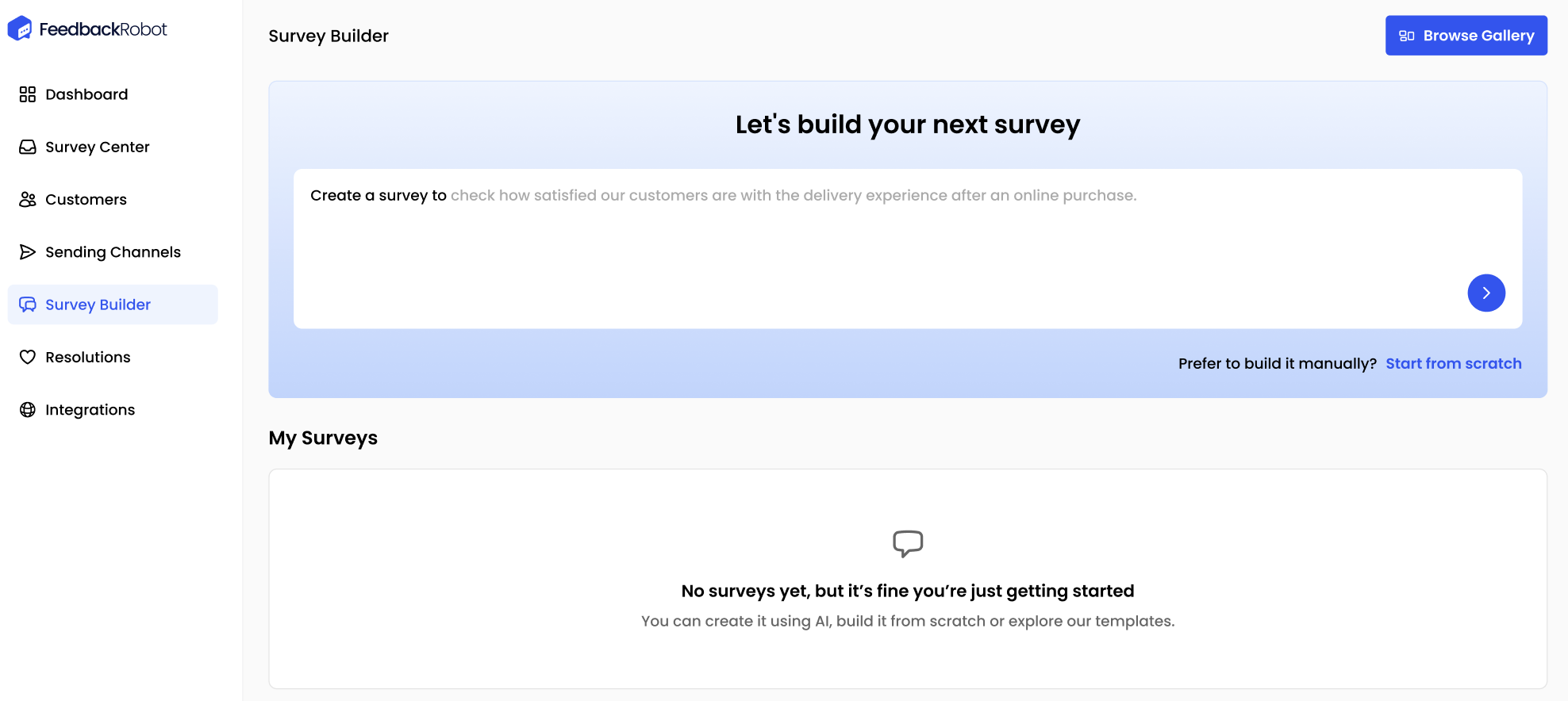 FeedbackRobot Survey Builder landing page showing ‘Let’s build your next survey’ banner and ‘Browse Gallery’ button.