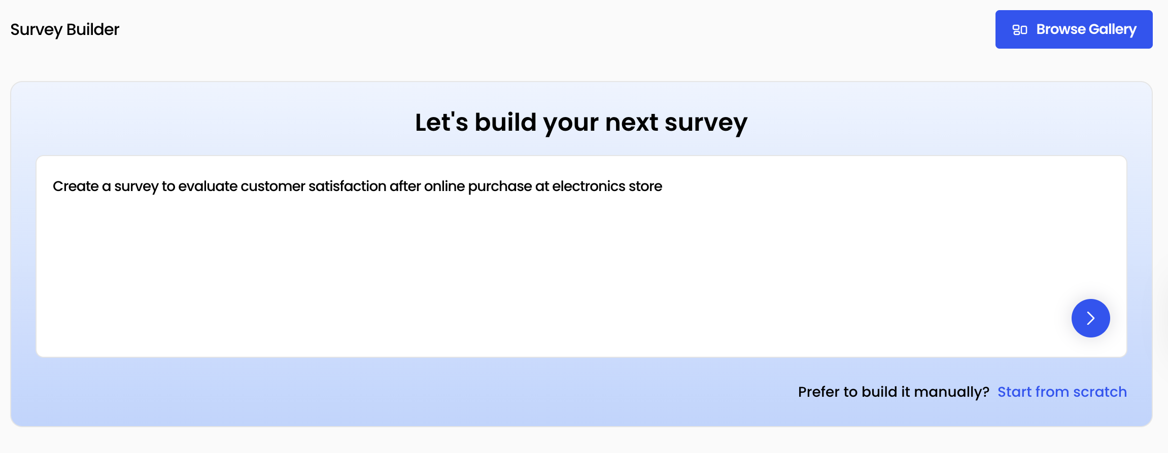 Modal offering AI Builder prompt field alongside template selection and a ‘Start from scratch’ option.