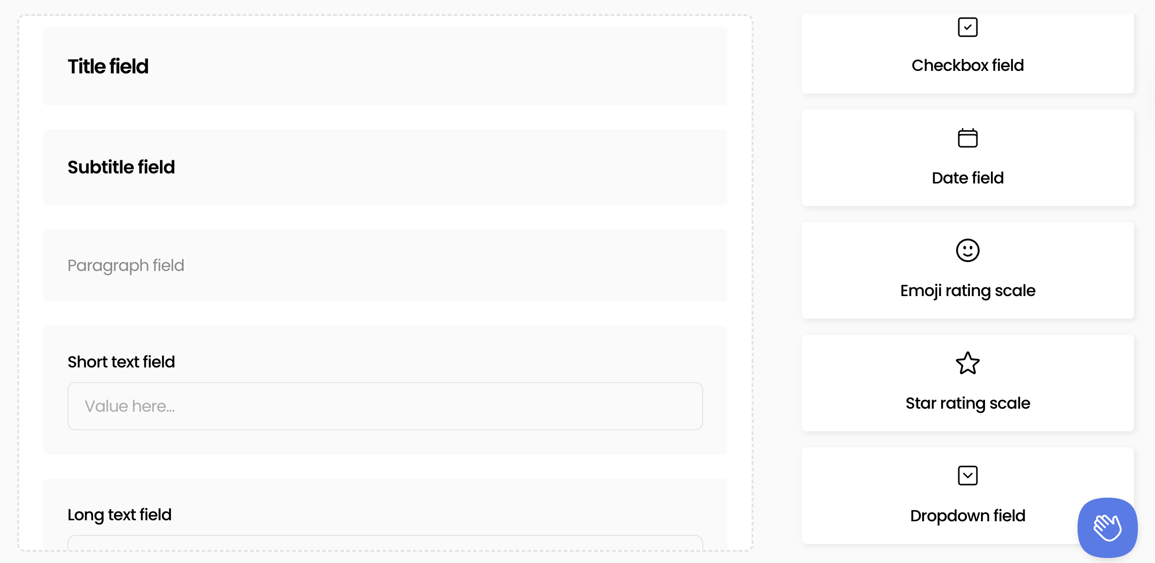 FeedbackRobot Survey Builder showing a loaded template with draggable question types (star rating, text, multiple choice).