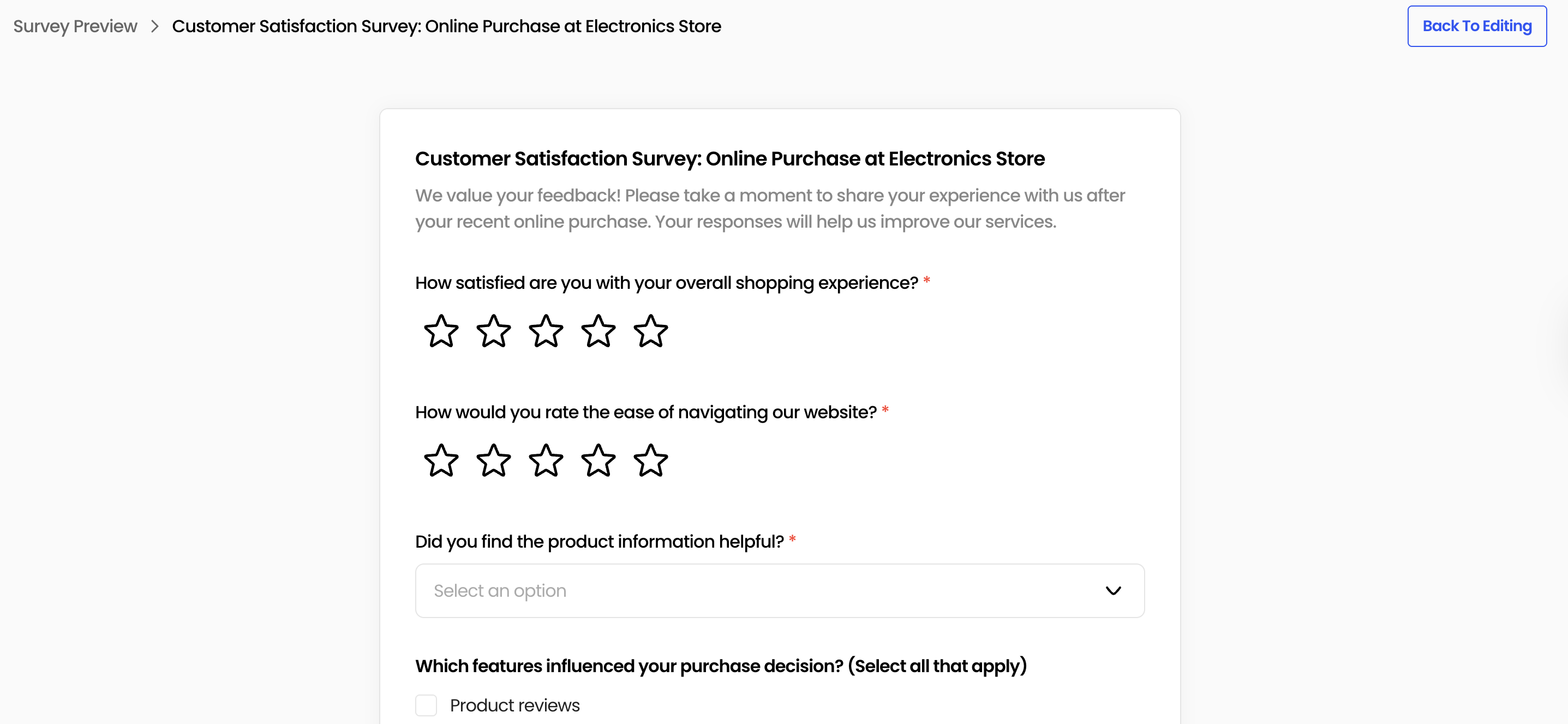 Preview Survey modal showing desktop and mobile layouts, with ‘Create Survey’ button