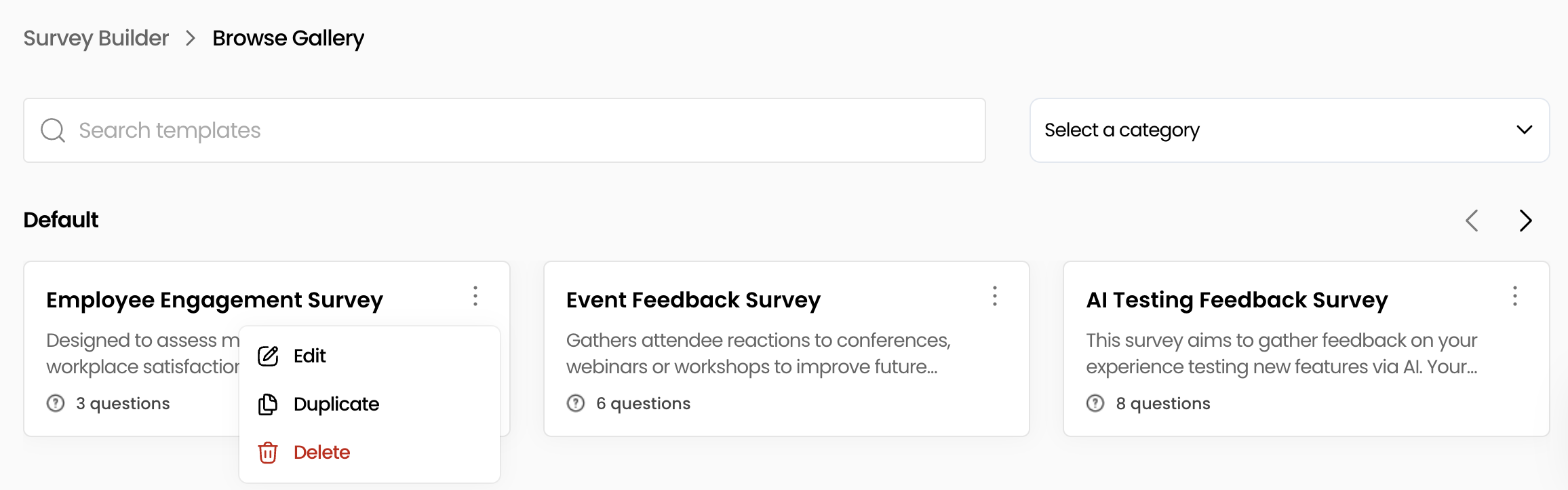 urvey Builder > Browse Gallery view showing a grid of saved templates with action menus.