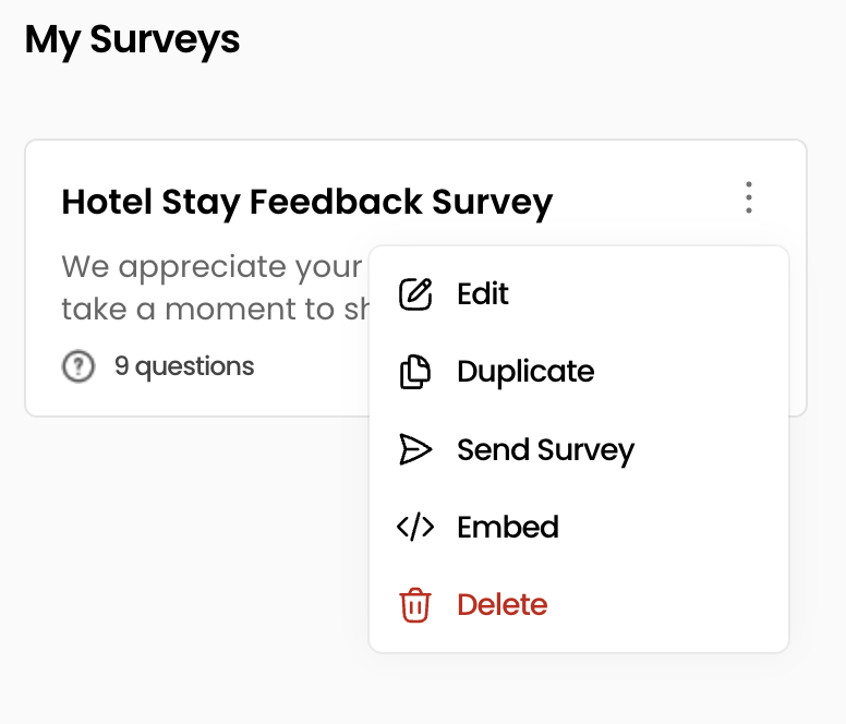 FeedbackRobot Survey Center list view, with a dropdown showing ‘Embed Survey’ action highlighted.